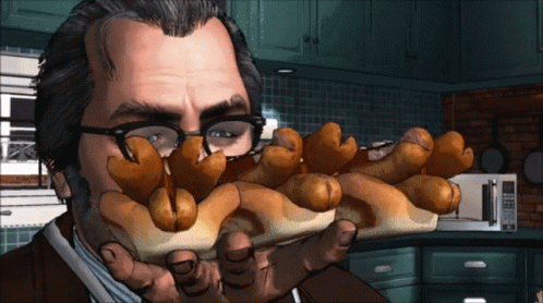 A Man With Glasses Is Holding A Bunch Of Hot Dogs In His Mouth GIF