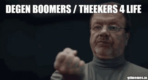 A Man With Glasses Is Pointing At The Camera With The Words Degen Boomers / Theekers 4 Life Above Him GIF