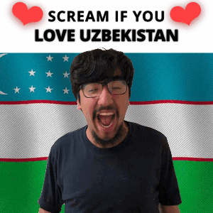 A Man With Glasses Is Screaming In Front Of An Uzbekistan Flag GIF