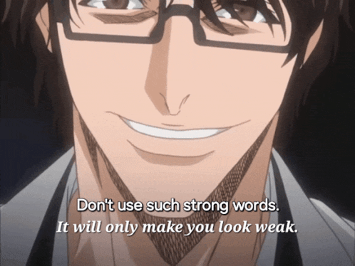 A Man With Glasses Is Smiling And Says " Don 'T Use Such Strong Words " GIF