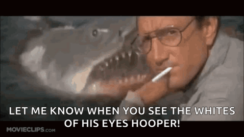 A Man With Glasses Is Smoking A Cigarette In Front Of A Shark In The Water . GIF