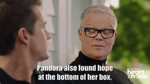 A Man With Glasses Is Talking To Another Man With The Words " Pandora Also Found Hope At The Bottom Of Her Box " GIF