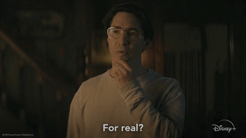 A Man With Glasses Says For Real In A Disney + Ad GIF
