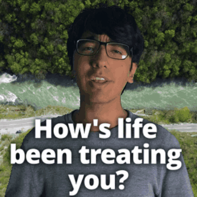 A Man With Glasses Says How 'S Life Been Treating You In Front Of A River GIF