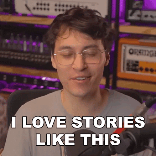 A Man With Glasses Says " I Love Stories Like This " In Front Of An Orange Amplifier GIF