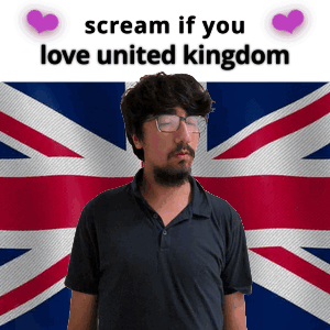 A Man With Glasses Stands In Front Of A British Flag With The Words Scream If You Love United Kingdom GIF