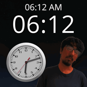 A Man With Glasses Stands In Front Of A Clock That Says 06.12 Am GIF