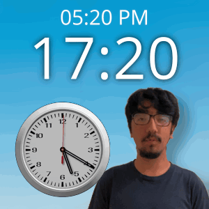 A Man With Glasses Stands In Front Of A Clock That Says 17:20 Pm GIF