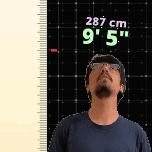a man with glasses stands in front of a ruler that says 287 cm 9 ' 5 '