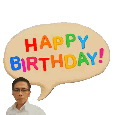 a man with glasses stands in front of a speech bubble that says happy birthday