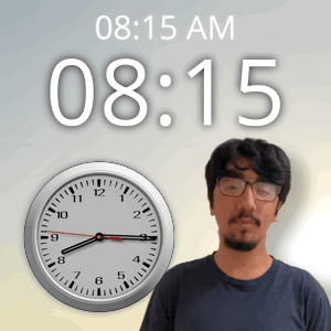 A Man With Glasses Stands In Front Of A Wall Clock That Says 08:15 Am GIF