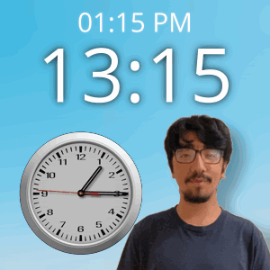 A Man With Glasses Stands In Front Of A Wall Clock That Says 13:15 GIF