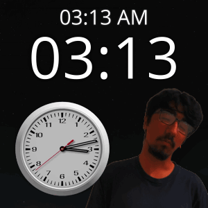 A Man With Glasses Stands Next To A Clock That Says 03 13 Am GIF