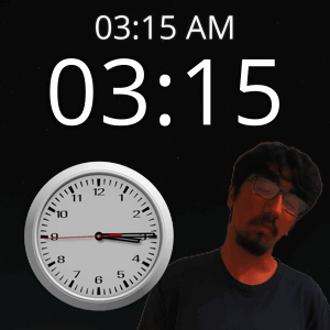 A Man With Glasses Stands Next To A Clock That Says 03:15 Am GIF