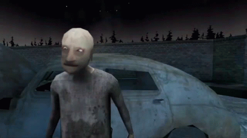 A Man With Glowing Eyes Stands In Front Of A Brick Wall And A Car GIF