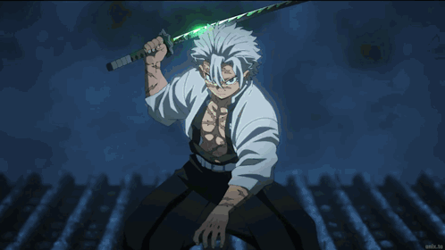 A Man With Gray Hair Is Holding A Green Sword In His Hand GIF