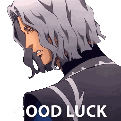 a man with gray hair is looking over his shoulder with the words good luck above him