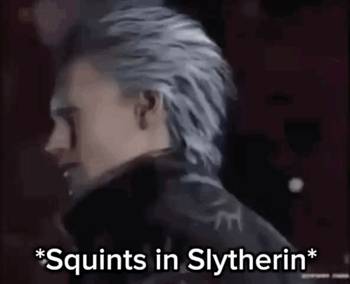 A Man With Gray Hair Is Standing In Front Of A Dark Background And Says `` Squints In Slytherin '' . GIF