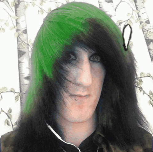 A Man With Green And Black Hair Has A Piercing In His Nose GIF
