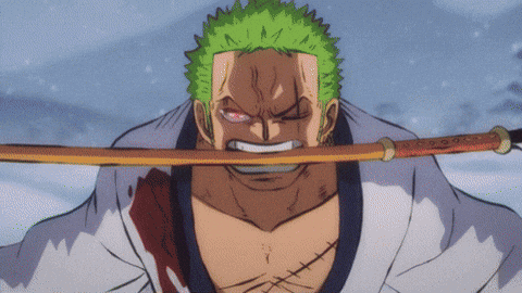 A Man With Green Hair And A Sword In His Mouth GIF