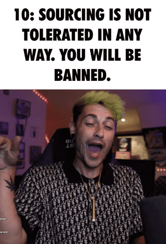 A Man With Green Hair Is Making A Funny Face In Front Of A Sign That Says 10 Sourcing Is Not Tolerated In Any Way GIF