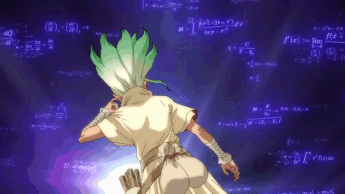 A Man With Green Hair Is Standing In Front Of A Wall Of Equations GIF