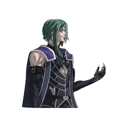 a man with green hair is wearing a black and purple outfit and a belt with the letter l on it