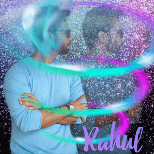A Man With His Arms Crossed Is Surrounded By A Colorful Swirl And The Name Rahul Is Visible GIF