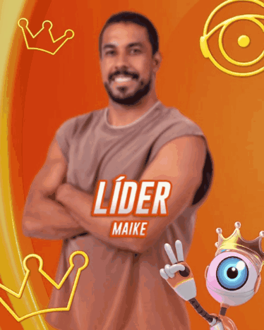 A Man With His Arms Crossed Is Wearing A Shirt That Says Lider Maike On It GIF