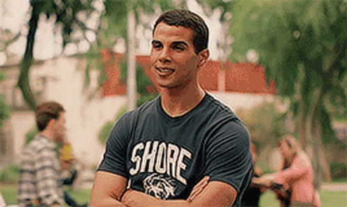A Man With His Arms Crossed Wearing A Shore Shirt GIF