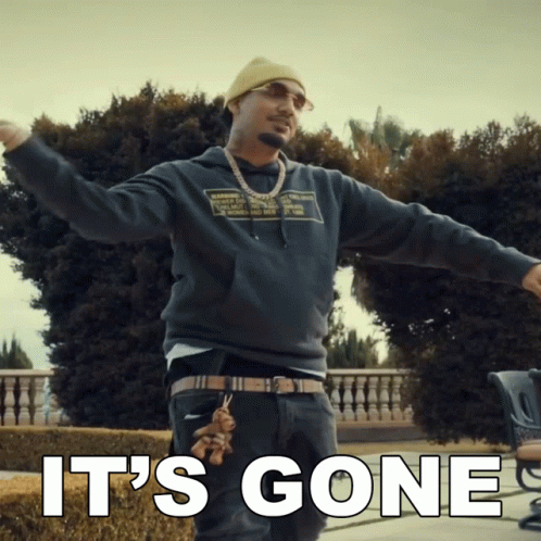 A Man With His Arms Outstretched And The Words " It 'S Gone " Below Him GIF