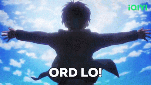 A Man With His Arms Outstretched Is Standing In Front Of A Blue Sky With The Words Ord Lo . GIF