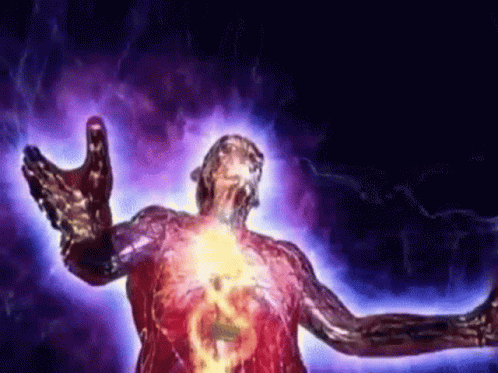A Man With His Arms Outstretched Is Surrounded By A Purple Lightning Storm . GIF