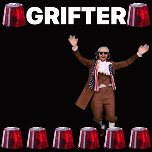 A Man With His Arms Outstretched Is Surrounded By Red Cones That Say Grifter GIF