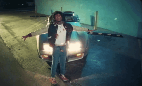 A Man With His Arms Outstretched Stands In Front Of A Car GIF