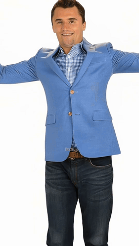 A Man With His Arms Outstretched Wearing A Light Blue Jacket GIF