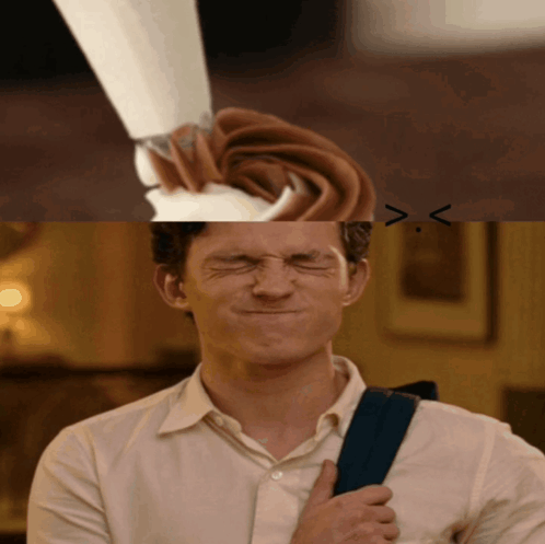 A Man With His Eyes Closed And A Whipped Cream Swirl On Top Of His Head GIF