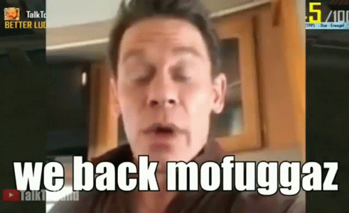 A Man With His Eyes Closed And The Words We Back Mofuggaz On His Face GIF