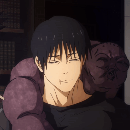 A Man With His Eyes Closed Has A Purple Monster Behind Him GIF