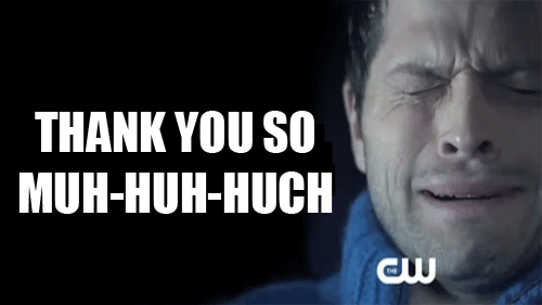 A Man With His Eyes Closed Is Crying With The Words Thank You So Much-Huh-Huch Above Him . GIF
