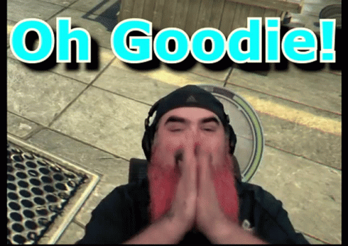 A Man With His Hands Folded In Front Of His Face With The Words Oh Goodie Written Above Him GIF