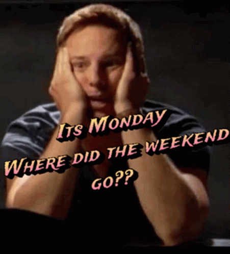 A Man With His Hands On His Face With The Words " Its Monday Where Did The Weekend Go " GIF