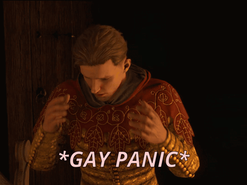 A Man With His Hands On His Head And The Word Gay Panic Above Him GIF