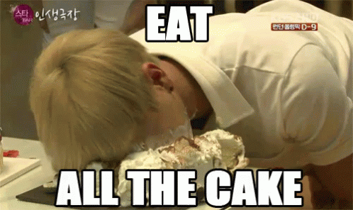 A Man With His Head On A Cake With The Words Eat All The Cake Below Him GIF