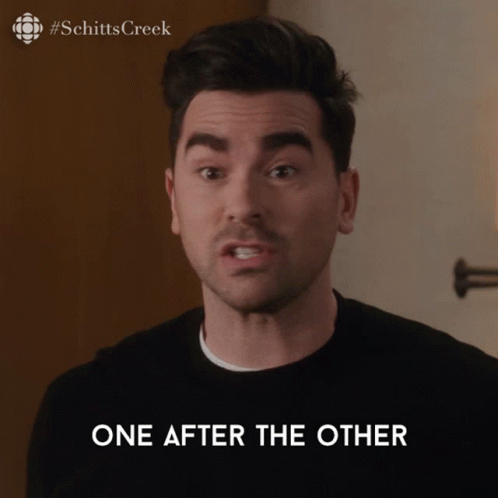 A Man With His Mouth Open And The Words One After The Other Behind Him GIF