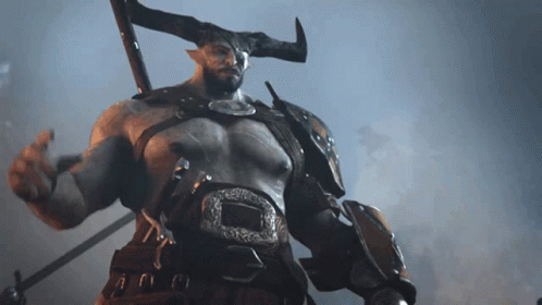 A Man With Horns Is Holding A Sword And A Belt GIF