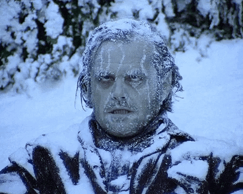 A Man With Ice On His Face Is Standing In A Snowy Field GIF