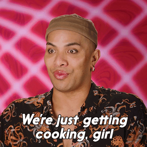 A Man With Lipstick On His Lips And The Words " Were Just Getting Cooking Girl " GIF