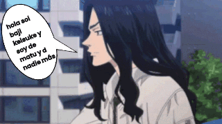 A Man With Long Black Hair Has A Speech Bubble Above His Head That Says Hola Soi Baji GIF