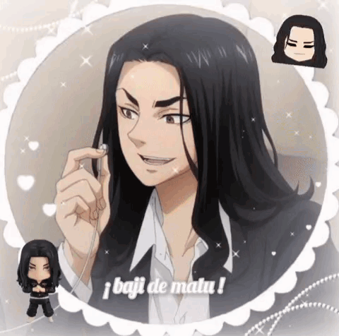 A Man With Long Black Hair Is Holding A Pair Of Earbuds In His Hand . GIF